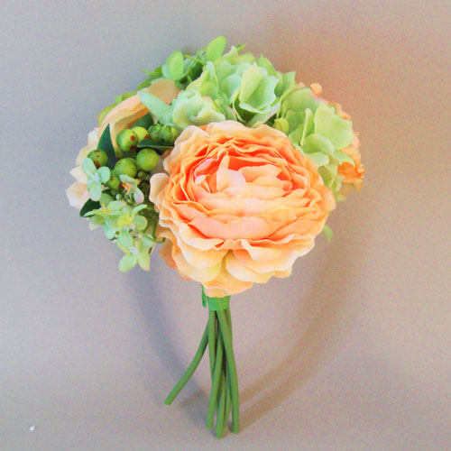Artificial Roses Hydrangeas and Berries Posy Peach Green 24cm